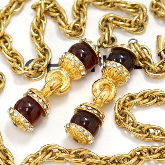 CHANEL Red Gripoix Rhinestone Lariat Necklace 39" Gold Tone Auth w/Box #22400 - Picture 1 of 7